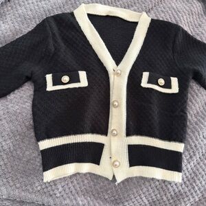 Black and Cream Cardigan with Pearl Buttons